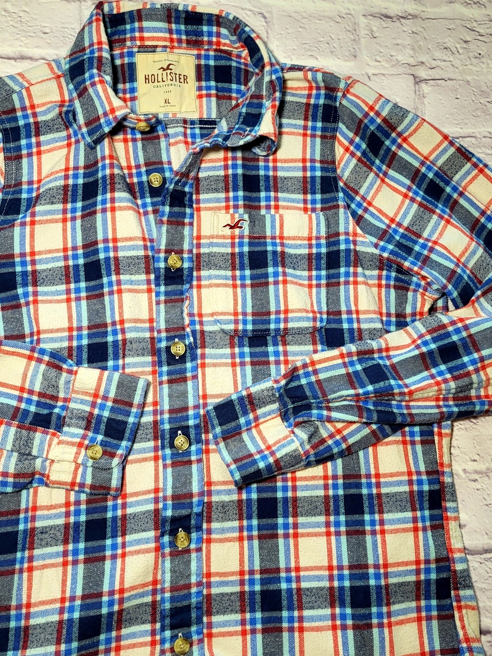 Y2K Hollister Men’s Long Sleeve Flannel Shirt Heavyweight Cotton XL Red Whit Blu